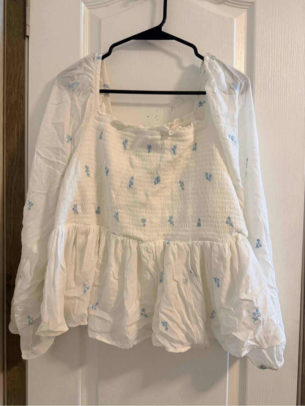 Torrid White Smocked Peplum Tank with Light Blue Embroidery